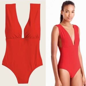 J. Crew Plunge Neckline One Piece Swimsuit In Cerise Red Size 8 Long Torso